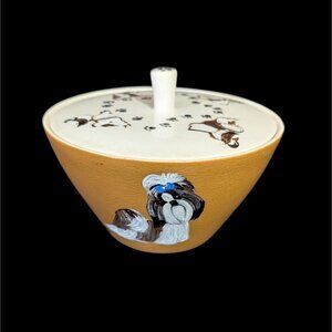 Vtg Harmony House Sugar Bowl Hand Painted Shih Tzu Dog (Signed Brem  Upcycled